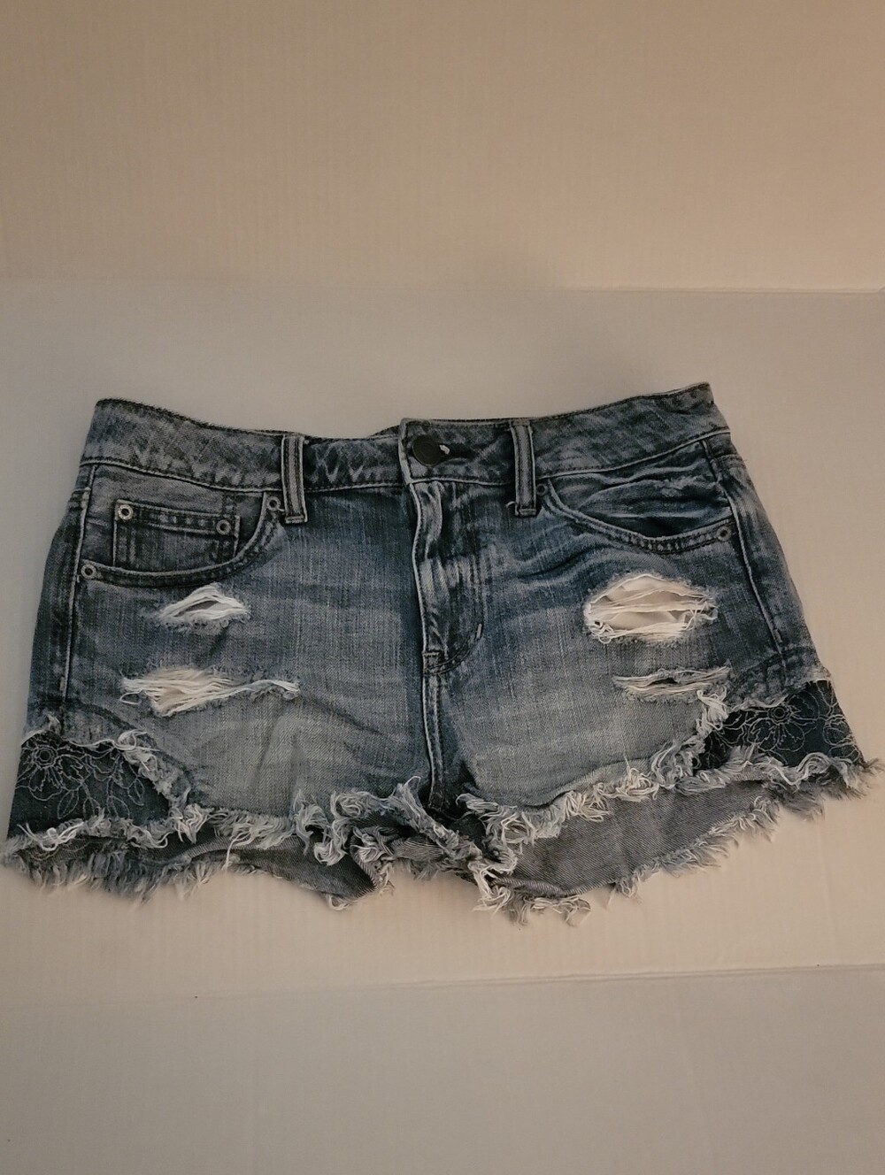 American Eagle Outfitters Washed Blue Distressed Lace-Hem Jean Shorts